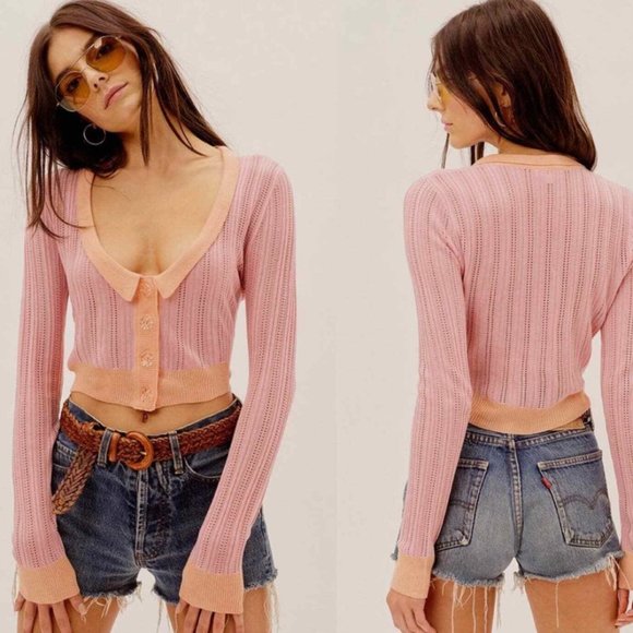 For Love And Lemons Sweaters - FOR LOVE AND LEMONS Pink Orange Phoebe Pointelle Crop